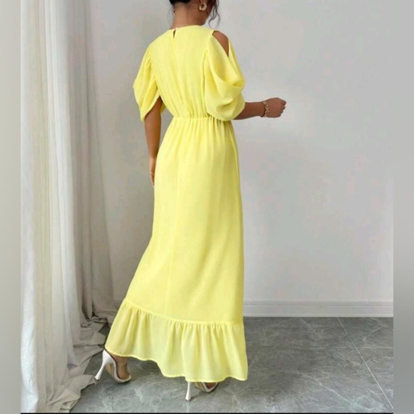 Women's Ruffle Shoulder Sleeve Patchwork Hem Yellow Chiffon Dress, French Refres - Picture 3 of 6